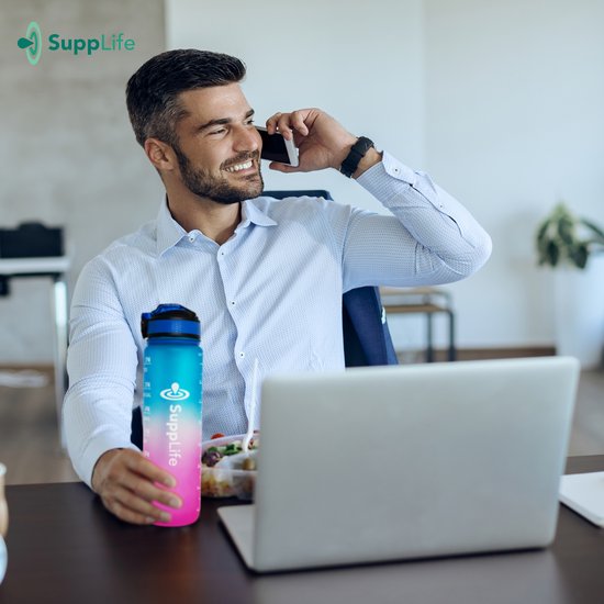 Supplife Motivations-Trinkflasche – 1-Liter-Trinkflasche – Trinkflasche mit Zeitmarkierung – Mit Strohhalm – Erwachsene – Kinder – Blau-Rosa