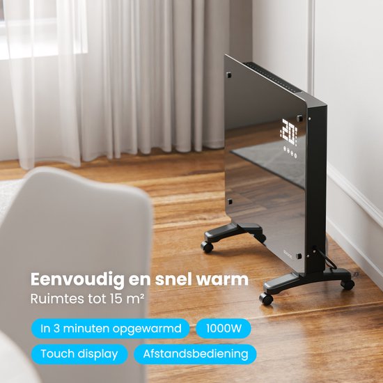 Auronic Electric Heater - Konvektor-Heizung mit Thermostat und Fernbedienung - Glasheizung - 1000W Heizung - Schwarz