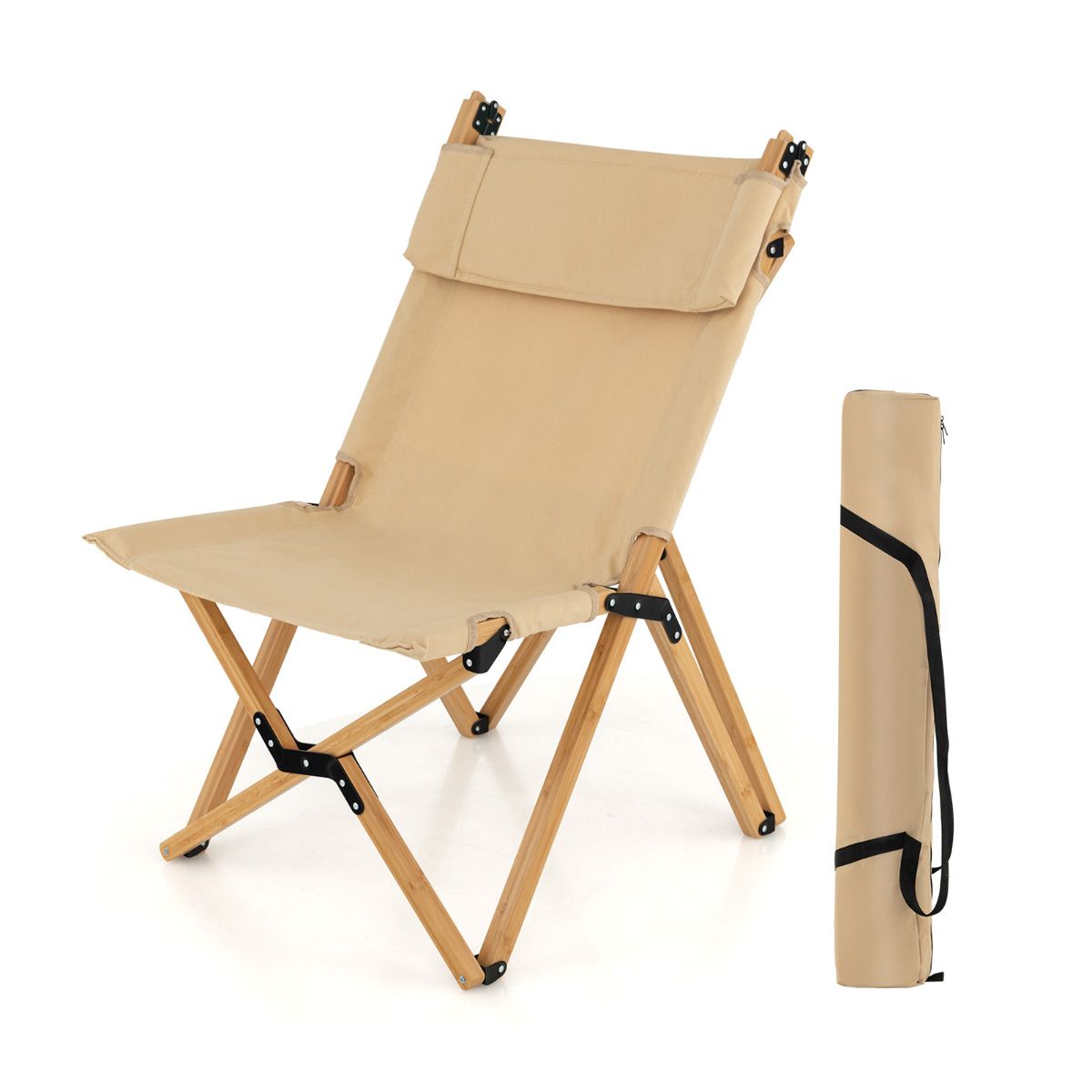 Coast Klappbarer Campingstuhl – Bambus – Verstellbare Rückenlehne – Inklusive Tragetasche – Naturfarben