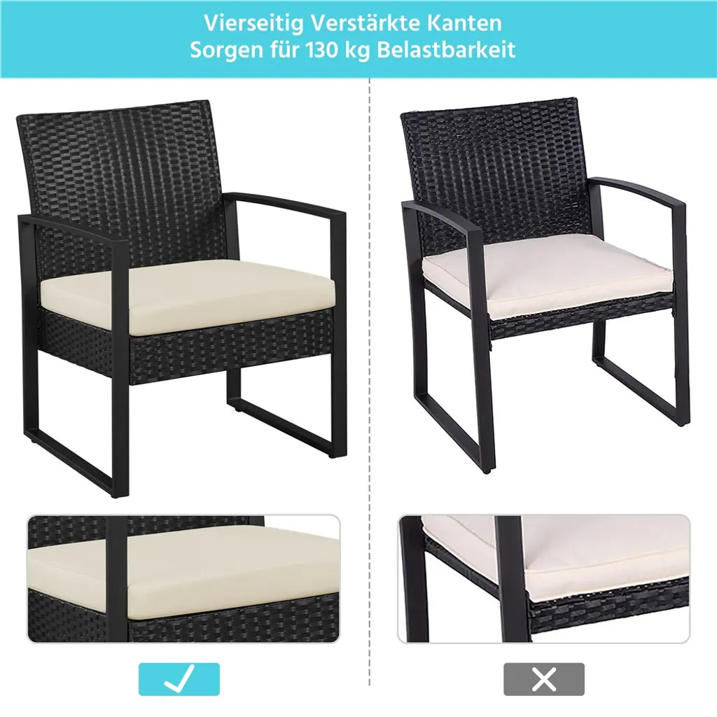 Yaheetech Gartenmöbel-Set, 3-teilig – Schwarz/Beige – Balkon-Set aus Polyrattan mit Beistelltisch und Glasplatte