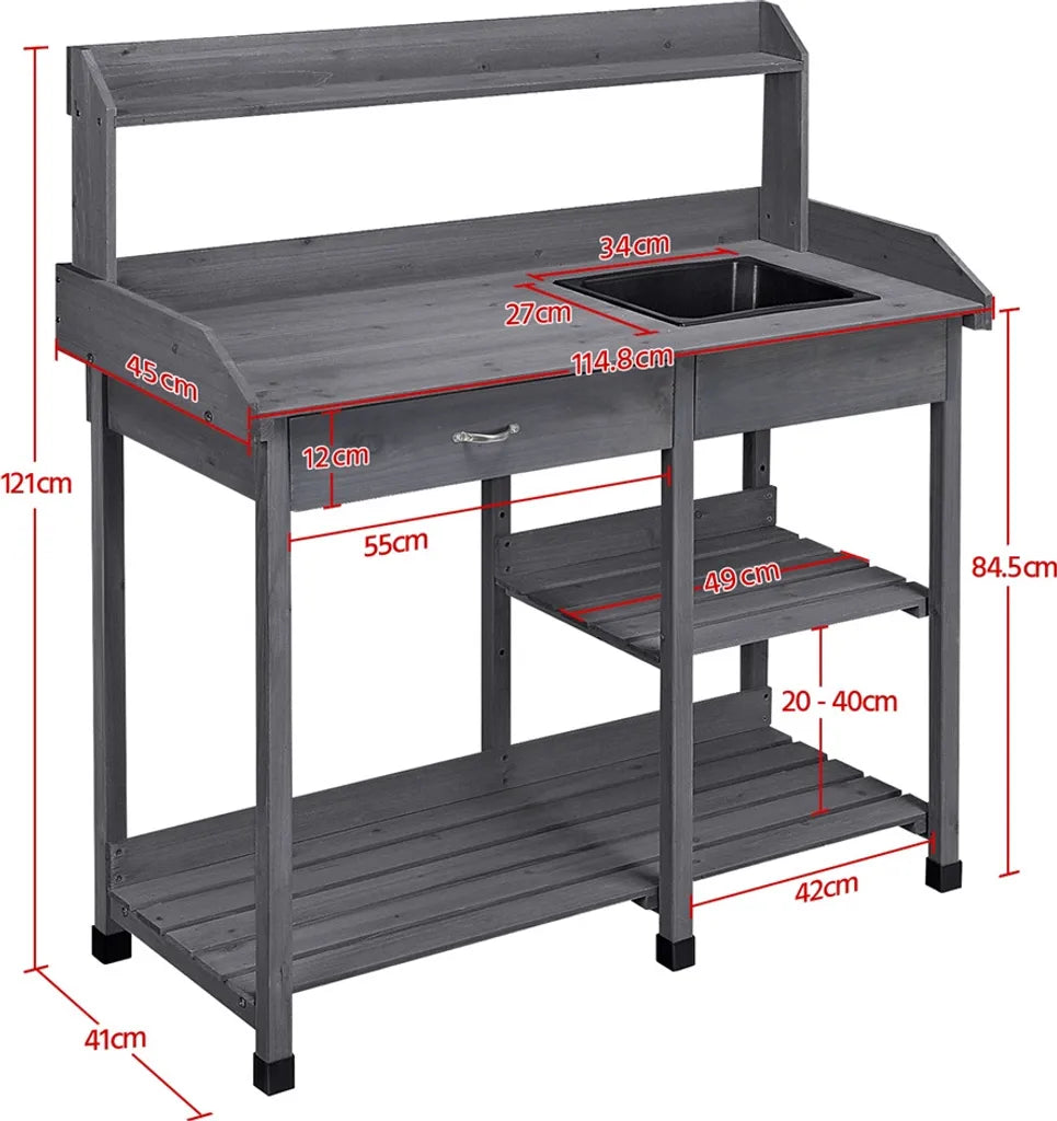 Yaheetech Beistelltisch mit Spülbecken 114,8 x 45 x 121 cm – Grau – Pflanzen-Tisch aus Holz mit Schublade und verstellbarem Regalboden