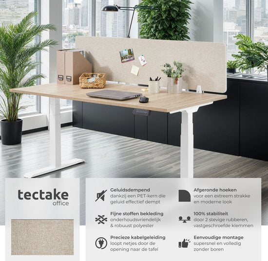tectake® Desk Screen Divider Noisy - Mit schallabsorbierendem PET-Kern - Inklusive 2 Befestigungsclips - Größe (LxB) 130 x 40 cm - Beige