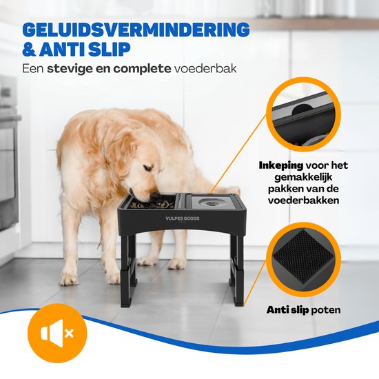 Vulpes Goods Pets - Futter- und Trinknapf Hund mit Ständer - Slow Feeder - Anti Spill and Chew - 4 Höhen - Schwarz