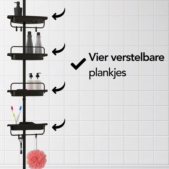 Brixy Duschregal - Teleskopisch - 85-305 cm - Kein Bohren - Boden bis zur Decke - 4 Ablagen - 3 Haken - Schwarz