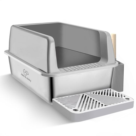 Jake und Jacky Edelstahl Katzentoilette - Katzentoilette Edelstahl - Offene Katzentoilette - Inkl. Katzentoilettenschaufel mit Halterung und Streusammelstufe - 60x40x30cm