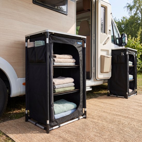Tristar Klappbarer Camping-Schrank – Aluminiumrahmen – 3 Ebenen – Verstellbare Füße – Seitentaschen – Inklusive Tragetasche – Schwarz - CU-0809