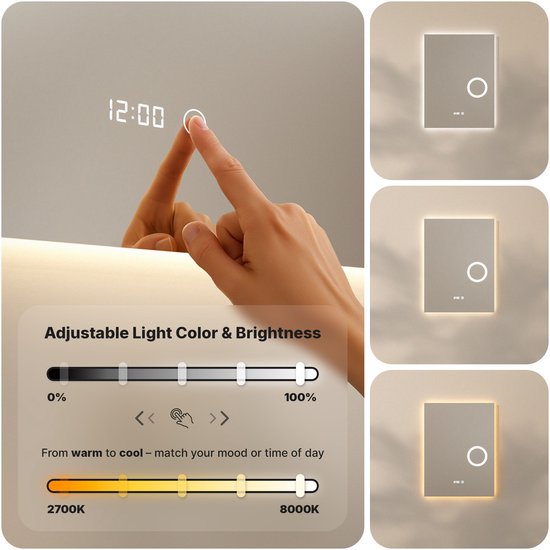 Mirlux Badezimmerspiegel mit LED-Beleuchtung & Heizung - Rechteckiger Wandspiegel - Anti-Kondensations-Duschspiegel - 120x60CM