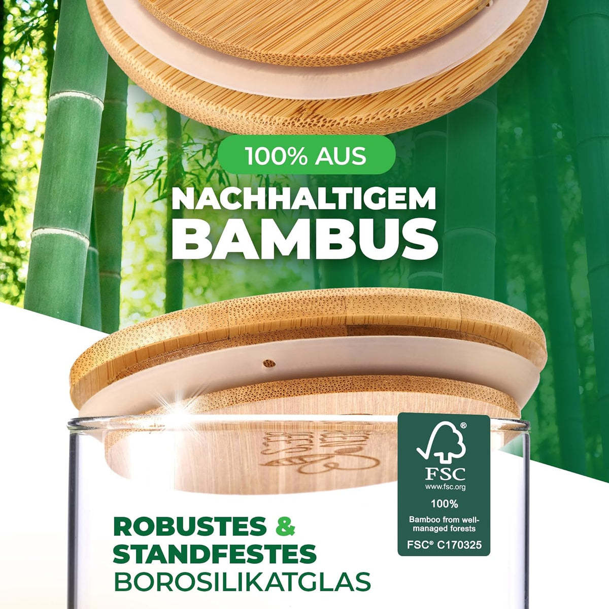 GREEN BEE`S Vorratsglas groß - 2x1500ml Neues Modell - Passgenau für Schublade & Apothekerschrank - Nachhaltige Vorratsgläser mit Deckel luftdicht - Für Mehl, Zucker, Nudeln, Kaffee & Haferflocken