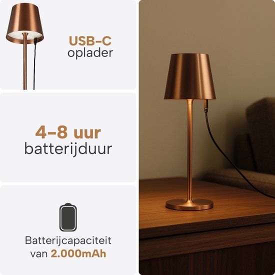 Kabellose Tischlampe – Kabellos und über USB-C aufladbar – 3 LED-Lichtfarben – Für drinnen und draußen – 2er-Set – Bronze – BREND BR-2247