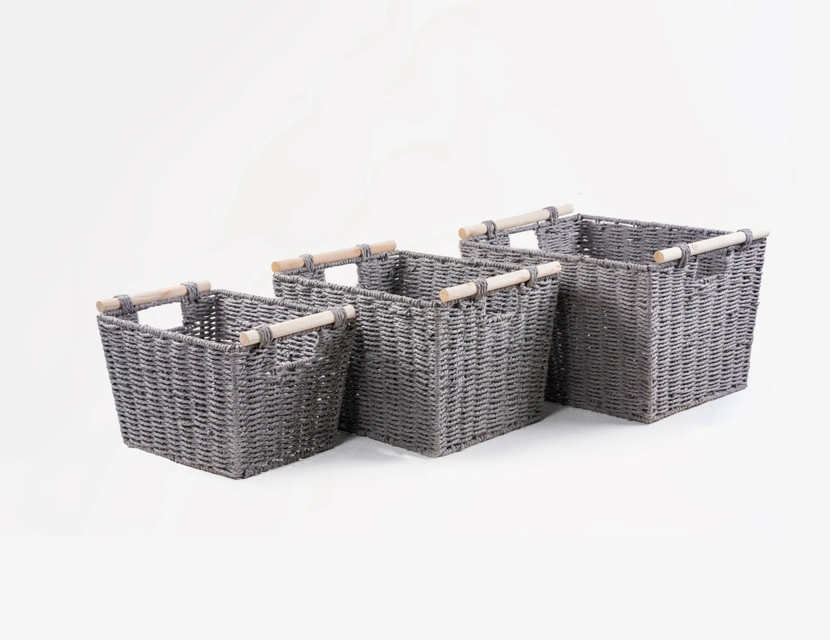 KEVAHOME Handgewebte Aufbewahrungskörbe mit Holzgriffen – 3er-Set – Natürlich und dekorativ