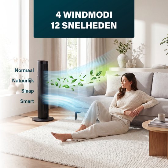 Princess DC Turmventilator 91 cm – besonders leise – 12 Geschwindigkeitsstufen – 4 Windmodi – 90°-Oszillation – Timer 1–24 Stunden – mit Fernbedienung – schwarz – 352370