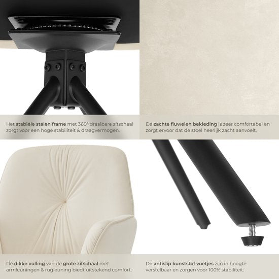 tectake® Drehstuhl Lenia - 2er-Set Drehstühle mit Armlehne - Esstischdrehstuhl - Drehsessel - gepolstert - Samtoptik Creme/Schwarz