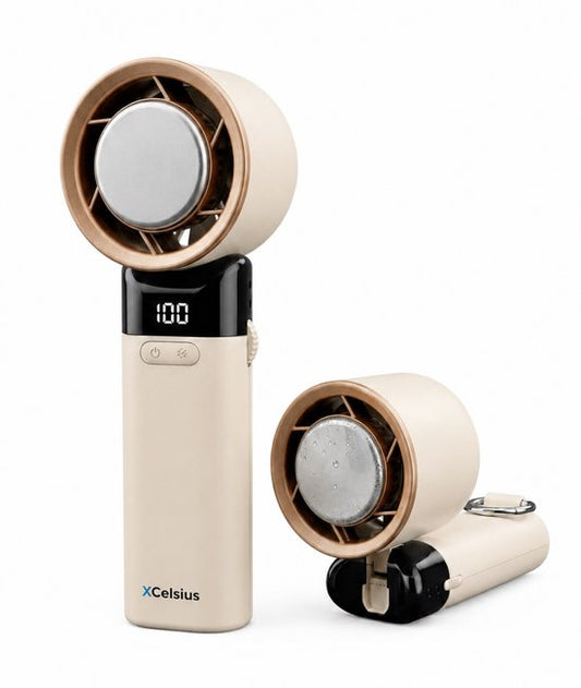XCelsius® Handventilator – Tragbarer, zusammenklappbarer Mini-Ventilator – Über USB-C aufladbar – Stufenlos von 0 % bis 100 % einstellbar – Mit Sofort-Kühlplatte – Beige/Creme