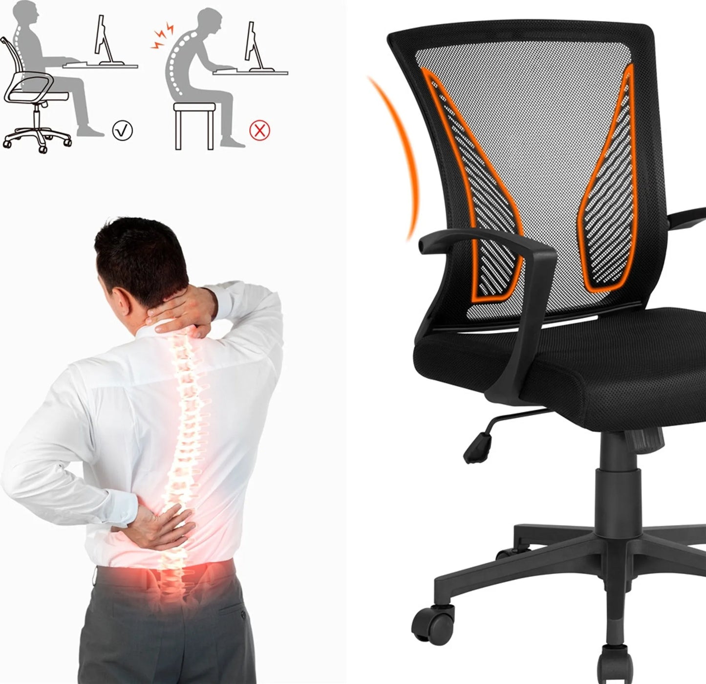 Yaheetech Bürostuhl Ergonomisch - Features Atmungsaktive Mesh-Gewebe und Rocking-Funktion und verstellbare Sitzhöhe - für Büro und Studie - Schwarz Nylon und Metall - 60 x 60 x 91-100,5 cm