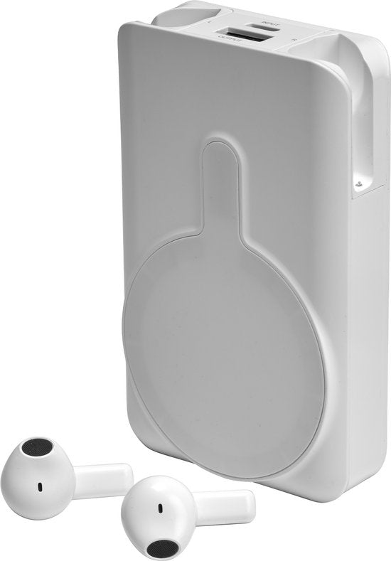 Denver Powerbank mit kabellosen Kopfhörern - 2-in-1 - 5.000 mAh - Bluetooth-Kopfhörer kabellos - Geeignet u.a. für iPhone und Samsung - PWE5001W