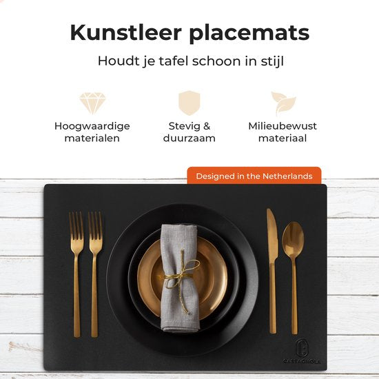 Castagnola Tischsets in Lederoptik - Rutschfeste Tischsets aus Kunstleder - Wasserabweisende Untersetzer - Untersetzer - Plastik Tischsets - 6 Stück - 45 x 30 cm - Schwarz