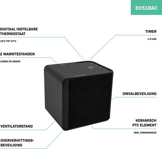VONROC Elektroheizung - Heizlüfter - 1000W/2000W - Keramik - 3 Einstellungen - LED-Anzeige - Thermostat und Timer - 20m2