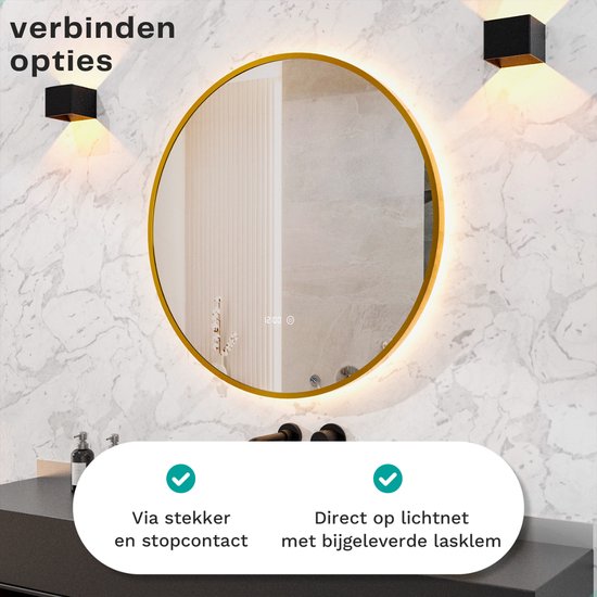 Mirlux Badezimmerspiegel mit LED-Beleuchtung & Heizung - Wandspiegel rund - Anti-Kondensations-Duschspiegel - Goldrahmen - 80CM