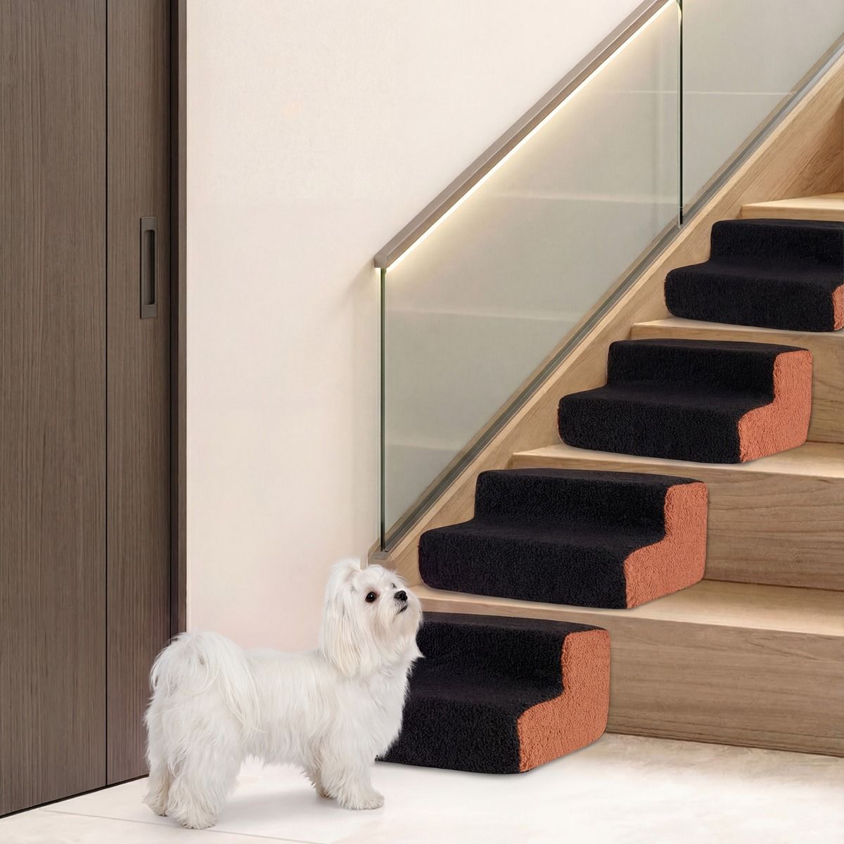 Coast Hundetreppe mit 2 Stufen – flexible Haustiertreppe – rutschfest – schwarz und braun/grau und weiß