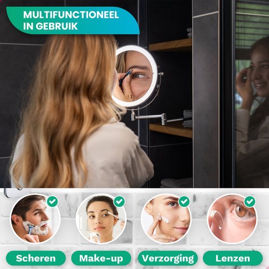 Make-up Spiegel mit Led Beleuchtung - 5X Vergrößerung - Wandspiegel Rund - Rasierspiegel Wandmodell - Badezimmer - Dusche - Chrom