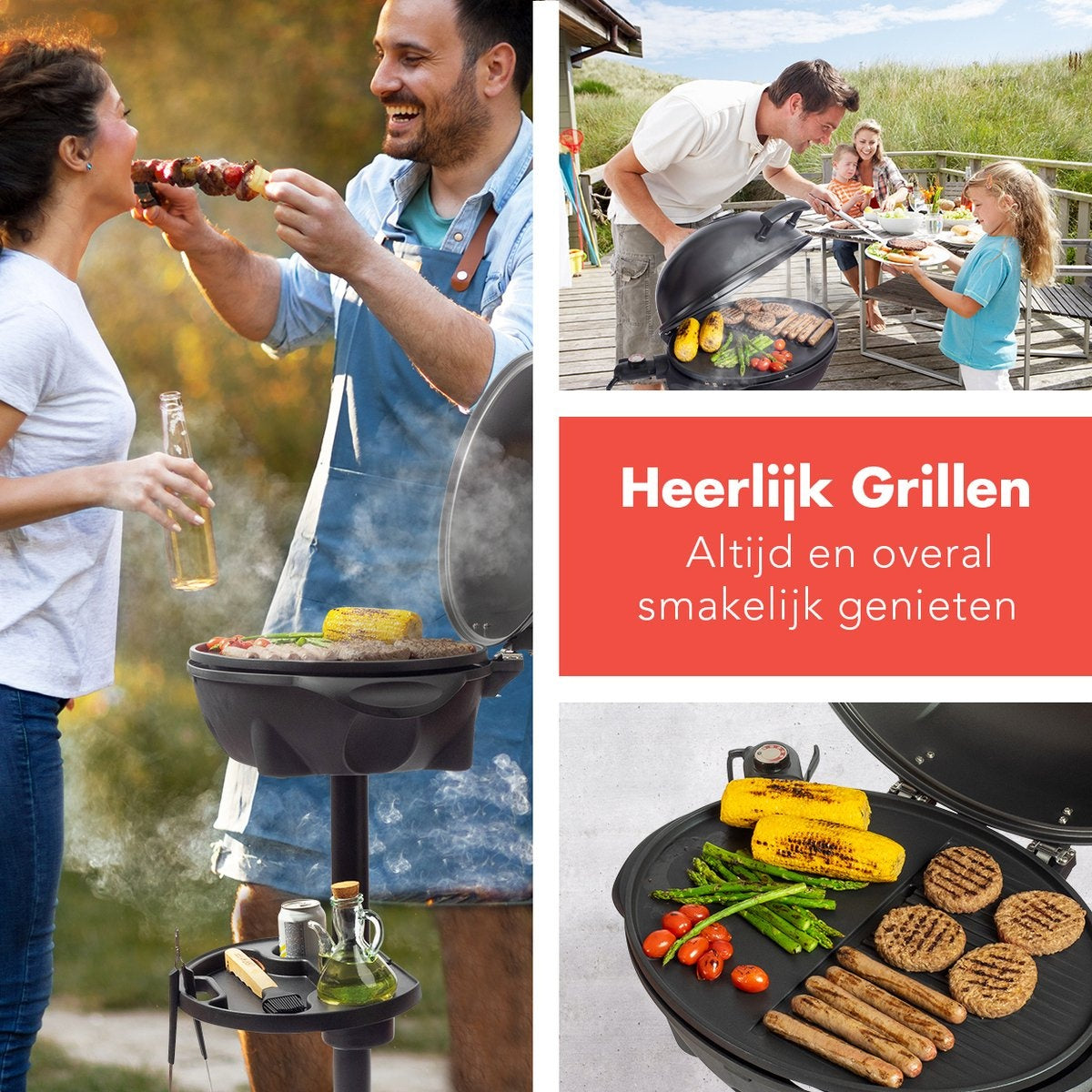 KitchenBrothers Elektrogrill - mit Grillplatte - Antihaftbeschichtung - Inkl. Ablage/Halterungen - Grillfläche 46,5x33,8cm - bis zu 300Â°C - 2400W - Schwarz