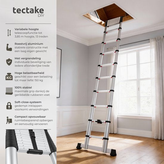 tectake® Teleskopleiter mit 13 Sprossen – Klappleiter – 3,85 Meter – Soft-Close – rutschfest – ausziehbare Teleskopleiter – Anlegeleiter – leichte Aluminiumleiter – zuverlässige Verriegelung