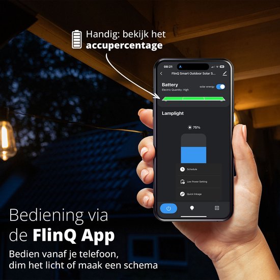 FlinQ Smart Light String Solar - LED-Lichtergirlande für den Außenbereich - Gartenbeleuchtung 15 Meter langes Kabel - Girlande mit RGB-Lichtern - Stimmungslichter / Partylichter - Partylichter