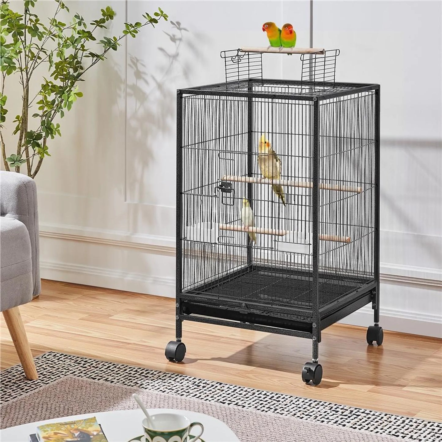 Yaheetech Vogelkäfig mit offenem Dach - 45,5 x 45,5 x 79 cm - Mit abnehmbaren Rädern und ausziehbarer unterer Schublade und gehämmerter Pulverbeschichtung - Für Wellensittiche und Kanarienvögel - Schwarzes Metall und Holz