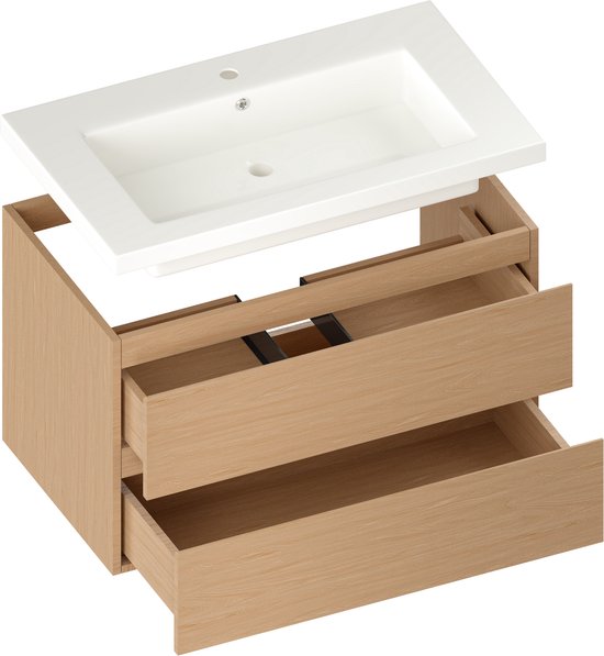 Mirlux Badezimmerschrank in heller Eiche, 80 cm – Waschbecken in Weiß – Badezimmerschrank-Set – Waschbeckenunterschrank in heller Eiche
