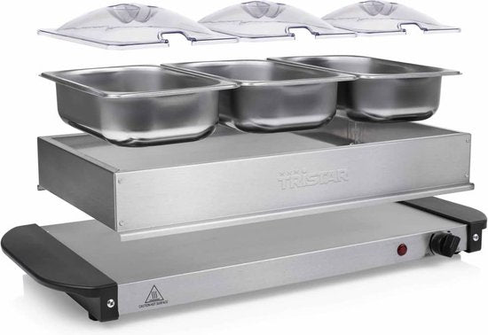Tristar BP-6283 – Buffetwärmer 200 W – Chafing Dish – 3 x 1,4 Liter – inkl. Deckel – Edelstahl