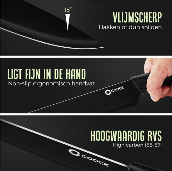 COOCK - Messerset mit Block und klappbarem Schneidebrett - Küchenmesser - Schere - Messerschärfer - 15-teiliges Küchenutensilien-Set im Messerblock - Edelstahl - mit 'Antihaft'-Beschichtung - Schwarz