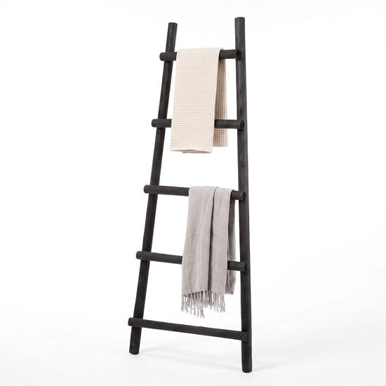 Cheqo® Dekorationsleiter – Handtuchleiter – Dekorationsleiter aus Holz – Schwarze Dekorationsleiter - Leiterregal – Handtuchhalter – Zierleiter – Badezimmerleiter – Kleiderleiter – Dekorative Leiter für den Innenbereich – Leiter für Plaids – Wohnleiter