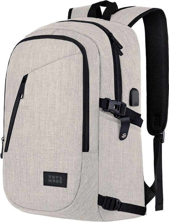 TRVLMORE Rucksack - 25L - 15.6 Zoll - Laptop-Rucksack mit USB - Schultasche - Herren und Damen - Tasche Champagner