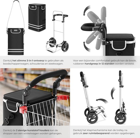 tectake® 3-in-1-Einkaufswagen mit Kühlfach – zusammenklappbar – 56 l Fassungsvermögen – Einkaufswagen – Einkaufstrolley - Auch als Sackkarre und Einkaufstasche verwendbar – Mit Schlüsselanhänger und Einkaufswagenmünze – Schwarz