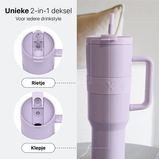 ONYX Trinkflasche mit Strohhalm 1,2 Liter - Trinkflasche für Kinder & Erwachsene - Thermosbecher Edelstahl Reisebecher - Motivationstrinker - Trinkbecher für die Schule - Pastell Lila