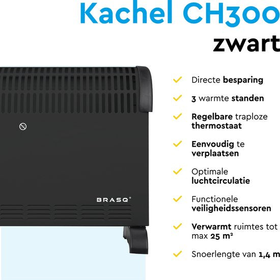 BRASQ Elektrische Konvektorheizung - Einstellbarer Thermostat - Elektrische Heizung - 750/1250/2000 Watt - Heizung - Schwarz