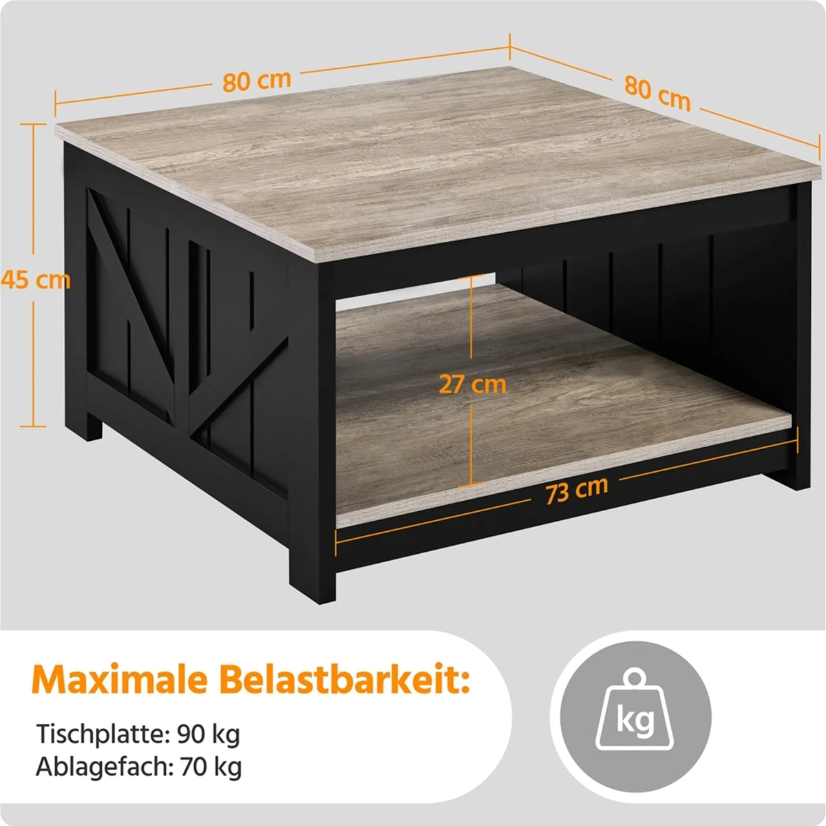 Yaheetech Couchtisch Quadratisch - 80 x 80 x 45 cm - Mit geräumigem Ablagefach und Scheunentür Design und Holzmaserung Furnier - Für Wohnzimmer und Sitzbereich - Grau E1 MDF