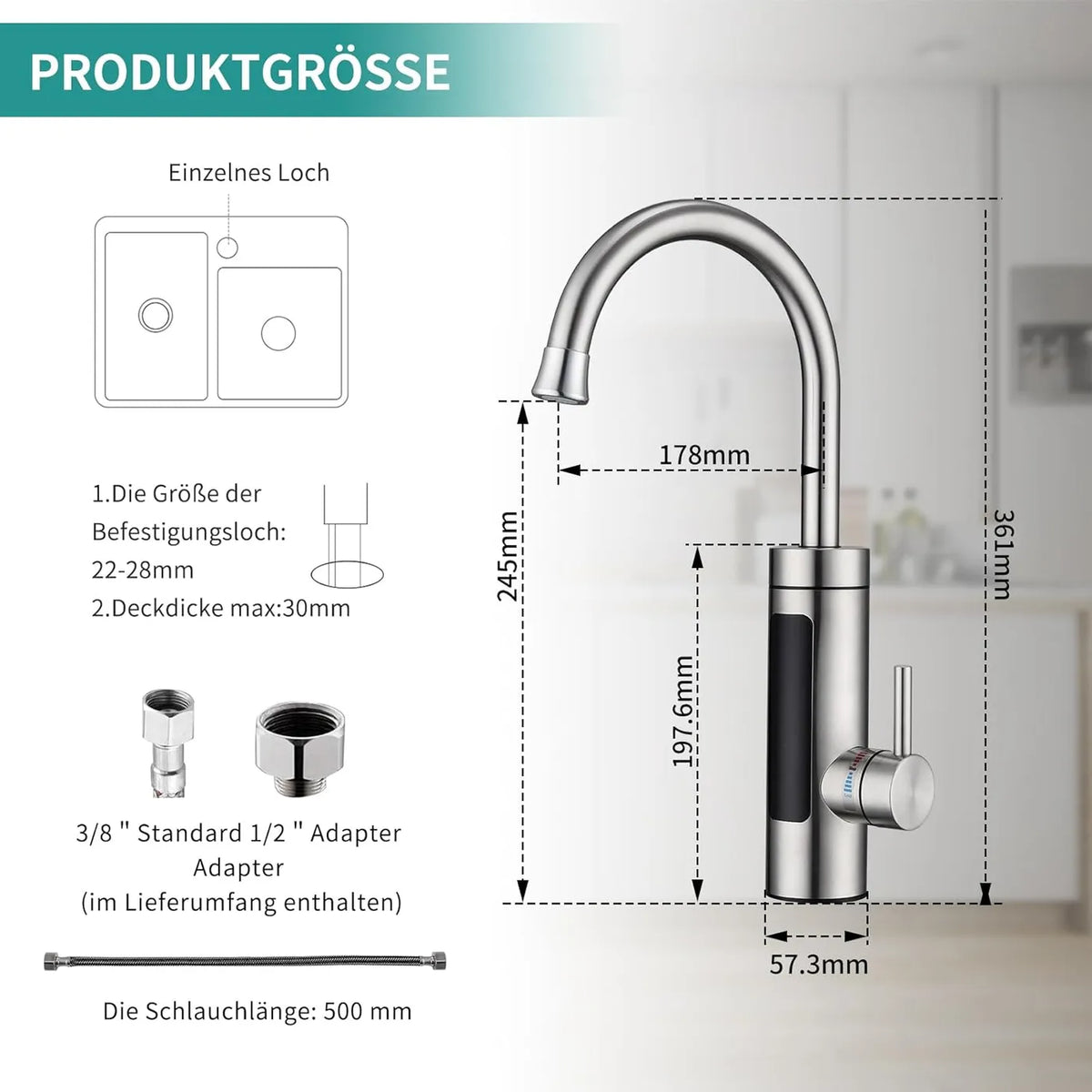 HOMELODY Elektrischer Küchenwasserhahn mit Durchlauferhitzer – 3000 W – 230 V – LED-Anzeige – Edelstahl – gebürstetes Silber