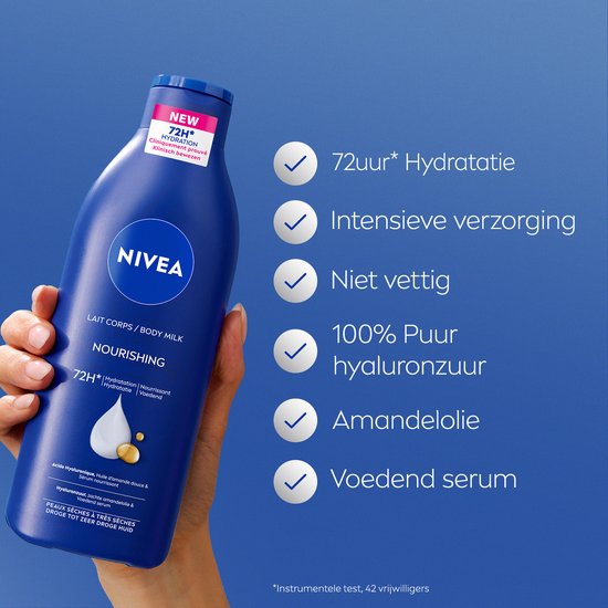 NIVEA Pflegende Körpermilch – mit Hyaluronsäure, sanftem Mandelöl und pflegendem Serum – Körpermilch mit 72-Stunden-Feuchtigkeitsversorgung – Für trockene bis sehr trockene Haut – 400 ml