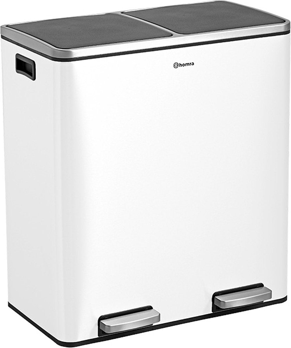 Homra QUICKX Abfalltrennbehälter 2 Fächer Weiß - 60 L (2x30 L) Tret-Abfallsammler - Design-Duo-Abfallsammler Edelstahl - Abfalltrennung - Recycling-Abfallsammler - Hygienetret-Abfallsammler - Doppelmülleimer - Küchenmülleimer - Büroabfallsammler