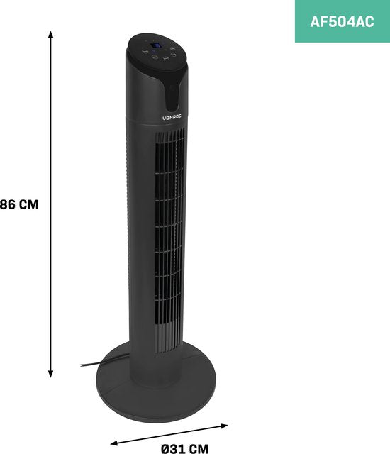 VONROC Luxury Fan - Turmventilator - Höhe 86 cm - Inkl. Fernbedienung - 3 Geschwindigkeiten - Schwenkfunktion - 15-Stunden-Timer - Schwarz