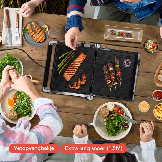 KitchenBrothers Contact Grill Deluxe - Grillgerät - Abnehmbare Grillplatten - Panini Grill - 5 Höheneinstellungen - 2000W - Edelstahl