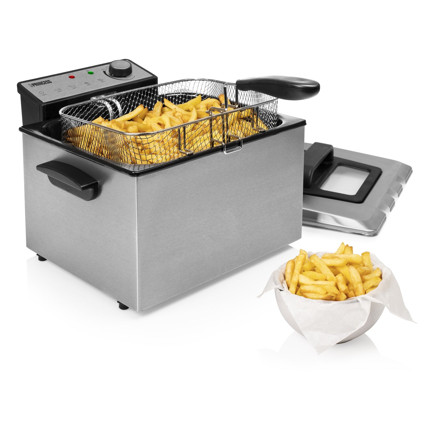 Princess 185000 Fritteuse – 5 l – 3270 W – 3 Frittierkörbe – Edelstahl/Schwarz