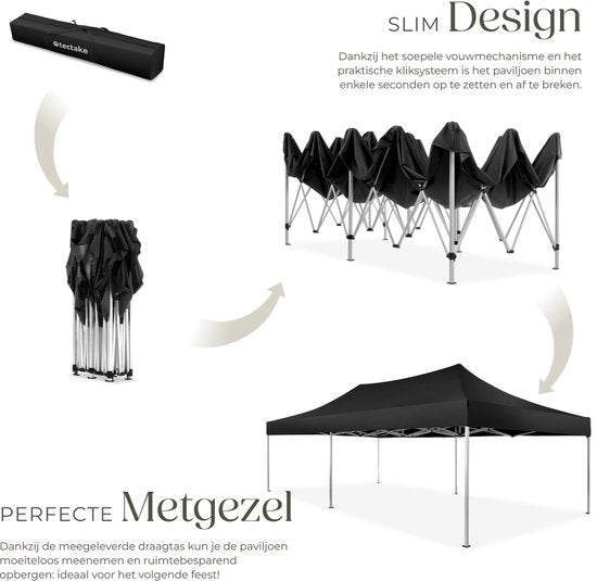 tectake® Faltpavillon – Zusammenklappbar und wasserdicht – Gartenpavillon mit 4 Seitenwänden – Inkl. Heringe, Abspannleinen und Tragetasche – Terrassenüberdachung, Partyzelt – 6 x 3 m – Schwarz
