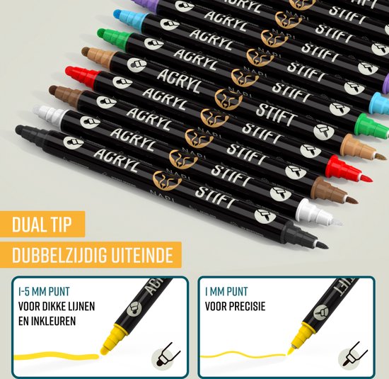 NAPI 24 Acrylmarker Dual Tip - Twinmarker - Malstifte Happy Stones - Steinmalerei mit Acrylmalstiften - Erwachsene und Kinder - Inkl. 2 Mandala-Schablonen