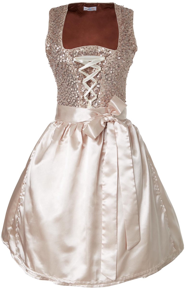 Dressforfun - Mini Dirndl Burgau Modell 1 - Eng anliegendes kurzes Dirndl in Beige mit Pailletten und glänzendem Satin - Größe XL