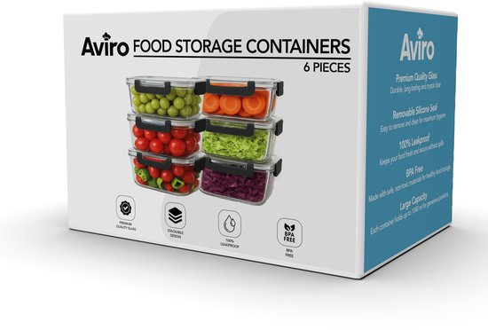 Aviro Food Storage Tassen Glas - 10 Stück - Mahlzeit Prep Tassen - Gefrierschrank, Mikrowelle & Backofen resistent - BPA frei - luftdicht - 1L