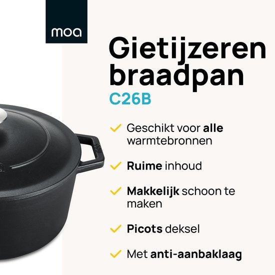 MOA Kasserolle - Gusseisen - Fassungsvermögen 5,7 Liter - 26CM - Rund - Alle Wärmequellen - Auch für Induktion - Gewicht 5,8 kg - Schwarz - C26B
