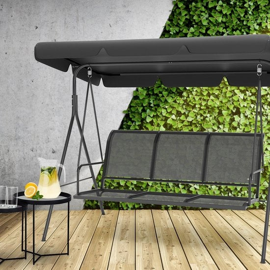 LifeGoods Schaukelbank - 3-Sitzer - Bis zu 250KG - Kippbares Dach - UV-beständiger Sonnenschirm - 172x104x162cm - Grau