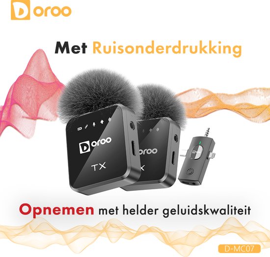 Doroo® Professionelles drahtloses Mikrofon – 2 Stück – Lavalier-Mikrofon – Windschutz – Extra lange Akkulaufzeit – Krawattenklammer – Professionelle Audioqualität – USB-C/Lightning/AUX-Funkmikrofon für iPhone und Android – Plug & Play – Zwei Jahre Garanti